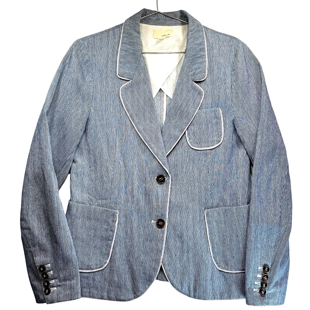 The Korner Paris Blue Pinstripe Weave Tailored Piped Blazer Jacket Red Stitching